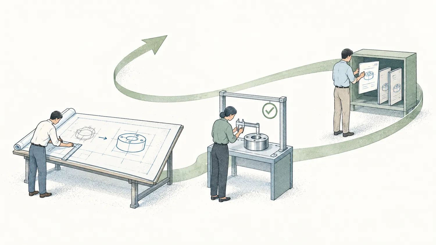 Editorial illustration of drafting a method, checking quality with a measuring tool, and archiving experience, linked by an ascending feedback path.